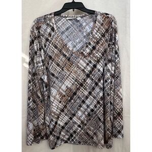 Susan Graver Women's XL Liquid Knit V Neck Top Brown Geo L/S Stretch Office